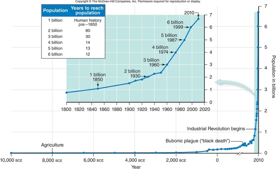 <strong>Graphed from 10,000 BCE to 2010,as shown below,the global human population </strong> A) has reached 0% growth rate, as shown by the data plot at 2010. B) shows the typical curve of logistic growth. C) is showing clearly that humans are at Earth's carrying capacity for our species. D) None of the answer choices are correct. E) shows the typical curve of exponential growth.