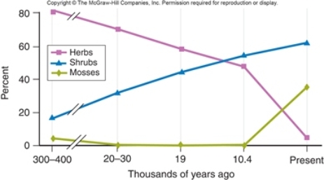 Figuer:   -In suggesting alternative hypotheses to explain in the figure above,your lab partner states that perhaps mosses didn't evolve until recently,which is why they increase after herbs and shrubs.Which of the following would be the best response to your lab partner? A)  Mammoths probably ate the mosses, so they did not appear until after the mammoths went extinct. B)  If you look carefully at the graph, there were a few mosses present 300,000 years ago, so they probably arose then. C)  Moss increases in more recent years indicate an environmental shift to wetter growing conditions. D)  Mosses were actually the first land plants to appear. E)  Mosses are better adapted to dry climates.