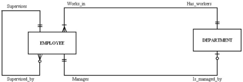 In the following diagram,which answer is true?   A)  Each employee can supervise one to many employees. B)  Each employee can manage many departments. C)  Each employee works in more than one department. D)  All of the above.