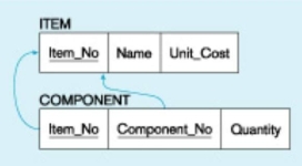 Referring to the figure below,,which of the following is NOT true?   A)  A component is part of an item. B)  A component is always used in only one item. C)  A component can be part of an item. D)  A component may be used in many items.