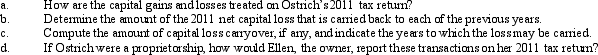 Ostrich, a C corporation, has a net short-term capital gain of $40,000 and a net long-term capital loss of $180,000 during 2011. Ostrich also has taxable income from other sources of $1 million. Prior years' transactions included the following:     