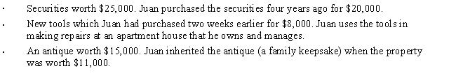 In the current year,Juan's home was burglarized.Juan had the following items stolen: ​   Juan's homeowner's policy had a $50,000 deductible clause for thefts.If Juan's salary for the year is $50,000,determine the amount of his itemized deductions as a result of the theft. A) $3,100 B) $6,000 C) $26,100 D) $26,500 E) None of the above