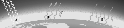 MATCHING Consider the image below showing the Earth's surface and the arrows representing electromagnetic radiation.   Answer the following questions based on this image.  -Which arrow or sets of arrows represents the cause of global warming? A) A B) B C) C D) D 