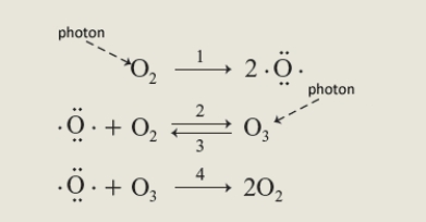 Consider the following sequence of four reactions.   Answer the following question using the number of the appropriate reaction. More than one reaction may be applicable to a given question. You need only enter one reaction. -In order to attain a steady state one reaction must counteract another in a cycle such as that shown. A reaction which could be used to consume ozone is reaction_______.