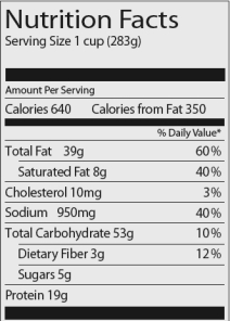 Consider the following food label. How many calories from fat would be found in 2 cups of this substance?   A)  39 cal B)  350 cal C)  700 cal D)  420 cal