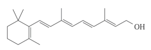 Examine the structures given in each question. Based on their structure complete the following statements. -The following substance would be a ____-soluble vitamin.  