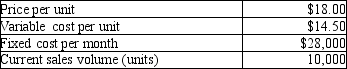 Runnymeade Products makes a racing bicycle tire. Cost and volume data are below.    How much is current monthly operating income?  A)$7,000 B)$6,850 C)$5,900 D)$7,250