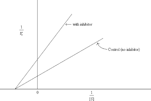 What type of inhibition is indicated by the data graphed below?   A)  competitive B)  uncompetitive C)  noncompetitive D)  irreversible