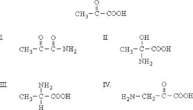What would be the product of the transamination of the structure shown below? The unionized forms are shown.)    A)  I B)  II C)  III D)  IV