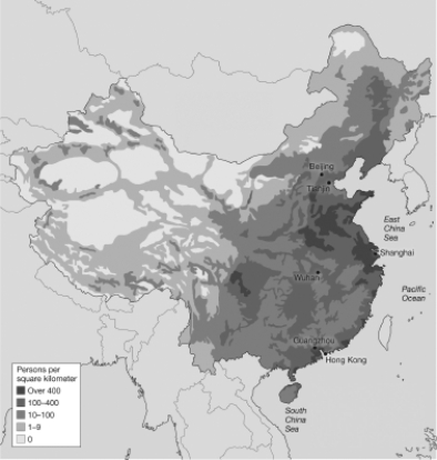 Which of the following statements accurately describes information shown in this figure?   A) The population size in China is over 400 million people. B) The population size in China has increased most quickly in eastern China. C) The population density is highest in western China. D) The population density is highest along the eastern coast of China.