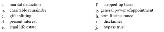 MATCHING   An estate planning device whereby a portion of a deceased spouse's estate passes to a trust instead of directly to the surviving spouse<div style=padding-top: 35px> 