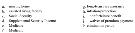 MATCHING   A policy that pays a fixed monetary benefit,usually per day,for a designated benefit period during which the insured generally receives care at home or in a nursing home<div style=padding-top: 35px> 