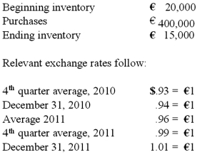 <strong>Esposito is an Italian subsidiary of a U.S. company. Esposito's ending inventory is valued at the average cost for the last quarter of the year. The following account balances are available for Esposito for 2011: Compute ending inventory for 2011 under the current rate method. </strong> A) $13,950. B) $14,100. C) $14,400. D) $14,850. E) $15,150.