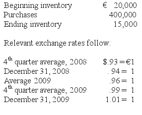 REFERENCE: Ref.10_06 The following account balances are available for Esposito,an Italian U.S.subsidiary for 2009: SHAPE \* MERGEFORMAT    -Compute the cost of goods sold for 2009 in U.S.dollars using the temporal method. A) $376,650. B) $387,750. C) $388,800. D) $400,950. E) $409,050.