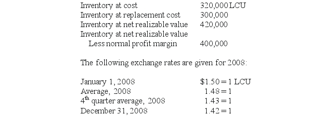 REFERENCE: Ref.10_07 The following inventory balances for 2008 in local currency units (LCU) are given: SHAPE \* MERGEFORMAT    -Compute the December 31,2008,inventory balance using the lower of cost or market method under the temporal method. A) $429,000. B) $457,600. C) $596,000. D) $568,000. E) $473,600.