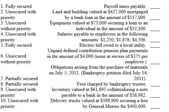 For each of the following situations, select the best answer concerning the classification of the liability.   