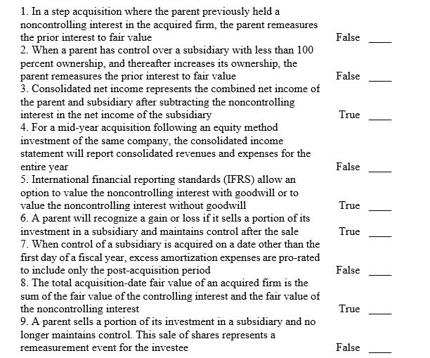  On January 1, 2011, John Doe Enterprises (JDE) acquired a 55% interest in Bubba Manufacturing, Inc. (BMI). JDE paid for the transaction with $3 million cash and 500,000 shares of JDE common stock (par value $1.00 per share). At the time of the acquisition, BMI's book value was $16,970,000. On January 1, JDE stock had a market value of $14.90 per share and there was no control premium in this transaction. Any consideration transferred over book value is assigned to goodwill. BMI had the following balances on January 1, 2011.  \begin{array}{lrr}&\text { Book } & \text { Fair } \\ &\text { Value } & \text { Value } \\ \text { Land } & \$ 1,700,000 & \$ 2,550,000 \\ \text { Buildings (seven-year remaining life) } & 2,700,000 & 3,400,000 \\ \text { Equipment (five-year remaining life) } & 3,700,000 & 3,300,000 \end{array}  For internal reporting purposes, JDE employed the equity method to account for this investment. -Select True (T) or False (F) for each of the following statements:    