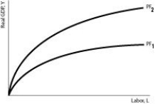 Figure 7.1    -Refer to Figure 7.1.All else equal,an increase in total factor productivity will cause a A)  shift from PF₁ to PF₂. B)  shift from PF₂ to PF₁. C)  movement up and to the right along PF₁. D)  movement down and to the left along PF₂.