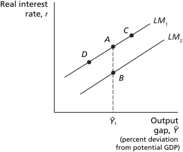Figure 10.8    -Refer to Figure 10.8..Other things equal,an increase in the price level would best be represented by A)  a movement from point A to point C. B)  a movement from point A to point D. C)  a shift from LM₁ to LM₂. D)  a shift from LM₂ to LM₁.
