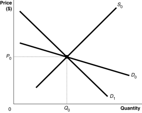Figure 4.10    -Refer to Figure 4.10.Suppose the market is initially in equilibrium at price P₀ and then the government imposes a tax on every unit sold.Which of the following statements best describes the impact of the tax? A) The consumer will bear a smaller share of the tax burden if the demand curve is D₀. B) The consumer's share of the tax burden is the same whether the demand curve is D₀ or D₁. C) The consumer will bear a smaller share of the tax burden if the demand curve is D₁. D) The consumer will bear the entire burden of the tax if the demand curve is D₁ and the producer will bear the entire burden of the tax if the demand curve is D₀.