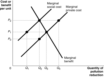 <strong>Figure 5.5 Companies producing toilet paper bleach the paper to make it white. The bleach is discharged into rivers and lakes and causes substantial environmental damage. Figure 5.5 illustrates the situation in the toilet paper market. Refer to Figure 5.5.The private profit-maximizing output level is</strong> A)Q₁. B)Q₂. C)Q₃. D)Q₄.