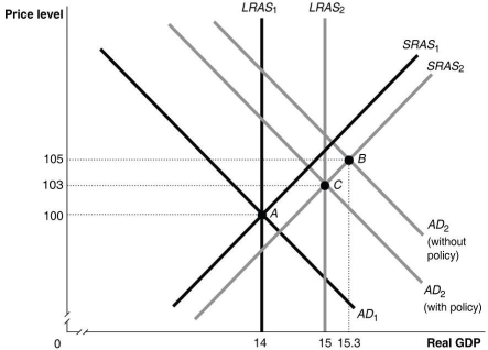 Figure 16.6   -Refer to Figure 16.6.In this figure,suppose the economy in Year 1 is at point A and expected in Year 2 to be at point B.Which of the following policies could the Reserve Bank of Australia use to move the economy to point C? A)  Decrease income taxes B)  Increase government spending C)  Buy financial securities D)  Sell financial securities