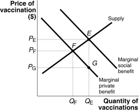 Figure 11-12   Chicken pox vaccinations for toddlers benefit society by protecting young children and by preventing an epidemic of the disease. Thus, the social benefits of chicken pox vaccinations exceed the private benefit for any quantity of vaccinations as illustrated in Figure 11-12. -Refer to Figure 11-12.One way to obtain the economically efficient amount of chicken pox vaccinations is for governments to subsidise these vaccinations.What is the size of the per-vaccination Pigovian subsidy that the government must provide to internalise the external benefits? A)  PE B)  (PE - PG)  C)  (PE - PF)  D)  (PF - PG) 