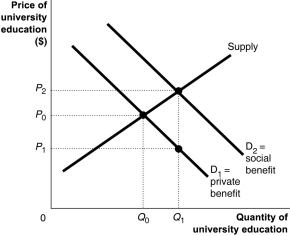 Figure 11-14   University education benefits society by producing a more employable workforce, reducing crime and creating a better informed citizenry. Thus, the social benefits of university education exceed the private benefits for any level of university education. This is illustrated in Figure 11-14. -Refer to Figure 11-14.One way to obtain the economically efficient amount of university education is for governments to subsidise university education.What is the size of the per-student Pigovian subsidy that the government must provide to internalise the external benefits? (Note that the subsidy can be granted to the education institutions or to the students directly or indirectly; for example,through low-interest student loans.)  A)  P<sub>2</sub> - P<sub>0</sub> B)  P<sub>2</sub> - P<sub>1</sub> C)  P<sub>0</sub> - P<sub>1</sub> D)  P<sub>1</sub>