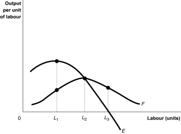 Figure 6-2   -Refer to Figure 6-2.Short run output is maximised at A)  L<sub>1</sub>. B)  L<sub>2</sub>. C)  L<sub>3</sub>. D)  Insufficient information to determine