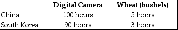 Table 2-10    -Refer to Table 2-10.This table shows the number of labour hours required to produce a digital cameras and a bushel of wheat in China and South Korea. a.Which country has an absolute advantage in the production of digital cameras? b.Which country has an absolute advantage in the production of wheat? c.What is China's opportunity cost of producing one digital camera? d.What is South Korea's opportunity cost of producing one digital camera? e.What is China's opportunity cost of producing one pound of wheat? f.What is South Korea's opportunity cost of producing one pound of what? g.If each country specialises in the production of the product in which it has a comparative advantage,who should produce digital cameras? h.If each country specialises in the production of the product in which it has a comparative advantage,who should produce wheat?