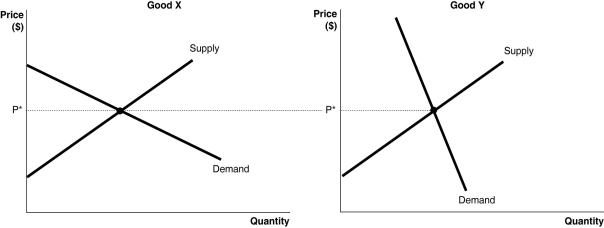 Figure 5-10   -Refer to Figure 5-10.The figure above illustrates the markets for two goods,Good X and Good Y.Suppose an identical dollar tax is imposed in each market. a.Compare the consumer burden and producer burden in each market.Illustrate your answer graphically. b.If the goal of the government is to raise revenue with minimum impact to quantity consumed,in which market should the tax be imposed? c.If the goal of the government is to discourage consumption,in which market should the tax be imposed?