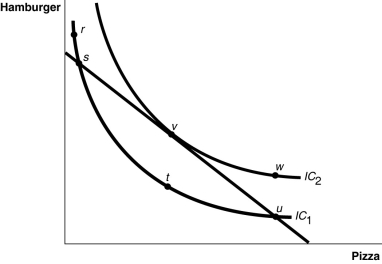 Figure 10-4   -Refer to Figure 10-4.Suppose the price of pizza increases while the price of hamburger remains constant.Then,the consumer's A)  indifference curve becomes more concave away from the origin. B)  indifference curve becomes straighter. C)  budget constraint moves inward toward the origin on the pizza axis while the hamburger intercept remains the same. D)  budget constraint moves outward away from the origin on the pizza axis while the hamburger intercept remains the same.