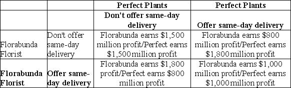 Table 11-12     The payoff matrix shown above assumes that Perfect Plants and Florabunda Florist must decide whether to offer same-day delivery for their products. The matrix shows how much profit each firm will earn if it does or does not offer same-day delivery.The amount of profit for one firm depends on whether the other firm offers same-day delivery. -Refer to Table 11-12.Which of the following statements is true? A) Given that Florabunda offers same-day delivery, Perfect's best strategy is to not offer same-day delivery. B) Given that Perfect offers same-day delivery, Florabunda's best strategy is to offer same-day delivery. C) Perfect and Florabunda will agree to collude in order to maximize their profits. D) Neither Perfect nor Florabunda will offer same-day delivery; this decision will decrease their costs and allow each firm to earn more than $1,800 million in profits.