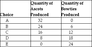 Table 2-5 Production choices for Nadia's Neckware    -Refer to Table 2-5. Assume Nadia's Neckties only produces ascots and bowties. Nadia faces ________ opportunity costs in the production of ascots and bowties. A)  increasing B)  decreasing C)  constant D)  negative