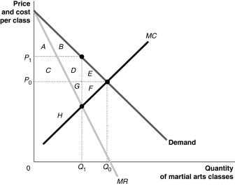 Figure 16-6   Watanabe Sensei operates the only martial arts school in Hartfield. For simplicity, assume that consumers have identical demand curves and that Sensei knows what this demand curve is. Figure 16-6 shows this demand curve. -Refer to Figure 16-6. If Sensei acts as a monopolist, his profit-maximizing price is ________ and the number of classes sold is ________. A)  P0; Q0 B)  P0; Q1 C)  P1; Q0 D)  P1; Q1