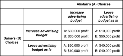 Table 14-4   Alistair Luggage and Baine Baggage are the only firms selling luggage in the upscale town of Montecito. Each firm must decide on whether to increase its advertising spending to compete for customers. If one firm increases its advertising budget but the other does not, then the firm with the higher advertising budget will increase its profit. Table 14-4 shows the payoff matrix for this advertising game. -Refer to Table 14-4. How are the firms in this advertising game caught in a prisoner's dilemma? A)  They are not in a prisoner's dilemma because there is one clear strategy for each. B)  They would be more profitable if they refrained from advertising, but each fears that if it does not advertise, it will lose customers. C)  Since each firm is uncertain about the other's behavior, each will adopt a wait-and-see attitude which results in no increase in market share and no new customers. D)  Only the first mover is caught in a prisoner's dilemma because the second has a chance to observe and respond.
