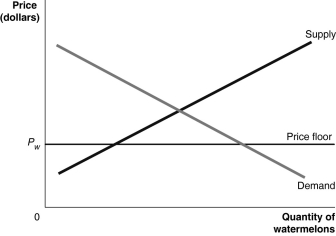 Figure 4-7   -Refer to Figure 4-7 which shows the market for watermelons.Suppose the government imposes a price floor of P<sub>w</sub>.How will the price floor affect the quantity supplied,quantity demanded and quantity exchanged?