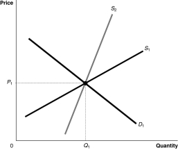 Figure 4-10   -Refer to Figure 4-10.Suppose the market is initially in equilibrium at price P<sub>1</sub> and now the government imposes a tax on every unit sold.Which of the following statements best describes the impact of the tax? For demand curve D<sub>1</sub> A) the producer bears a smaller share of the tax burden if the supply curve is S<sub>2</sub>. B) the producer bears a smaller share of the tax burden if the supply curve is S<sub>1</sub>. C) the producer's share of the tax burden is the same whether the supply curve is S<sub>1</sub> or S<sub>2</sub>. D) the producer bears the entire burden of the tax if the supply curve is S<sub>2</sub> and the consumer bears the entire burden of the tax if the supply curve is S<sub>1</sub>.