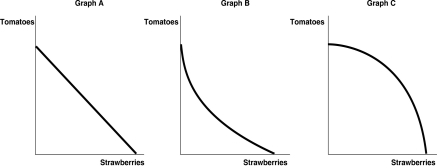 Figure 2-3   -Refer to Figure 2-3.Carlos Vanya grows tomatoes and strawberries on his land.A portion of his land is more suitable for growing tomatoes and the other portion is better suited for strawberry cultivation.Which of the graphs in Figure 2-3 represent his production possibilities frontier? A) Graph A B) Graph B C) Graph C D) either Graph A or Graph B E) either Graph B or Graph C
