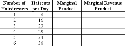 Table 17-6    -Refer to Table 17-6.The Hair Cuttery,a new hair salon,is ready to start hiring.The table above shows the relationship between the number of hairdressers the firm hires and the quantity of haircuts it produces. a.Suppose the price of haircuts is $8.Complete the table by filling in the values for marginal product and marginal revenue product. b.The Hair Cuttery is an input price-taker.Suppose the wage paid to hairdressers is $40 per day.What is the profit-maximizing number of hairdressers? c.Suppose the wage rate rises to $60 per day. (i)What happens to the firm's demand curve for hairdressers? (ii)What happens to the profit-maximizing quantity of hairdressers? d.Suppose the wage rate is $40 per day and the price of haircuts is now $10. (i)What happens to the firm's demand curve for hairdressers? (ii)What happens to the profit-maximizing quantity of hairdressers?