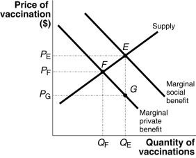 Figure 5-10     Chicken pox vaccinations for toddlers benefit society by protecting young children and by preventing an epidemic of the disease.Thus, the social benefits of chicken pox vaccinations exceed the private benefit for any quantity of vaccinations as illustrated in Figure 5-10. -Refer to Figure 5-10.What is the value of the net gain to society as a result of subsidizing chicken pox vaccinations? A) (PE × QE)  B) (PF × QF)  C) value equal to the area of FEG D) value equal to the area of QFFGQE