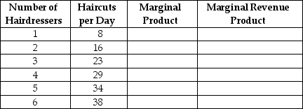 Table 17-6    -Refer to Table 17-6.The Hair Cuttery, a new hair salon, is ready to start hiring.The table above shows the relationship between the number of hairdressers the firm hires and the quantity of haircuts it produces. a.Suppose the price of haircuts is $8.Complete the table by filling in the values for marginal product and marginal revenue product. b.The Hair Cuttery is an input price-taker.Suppose the wage paid to hairdressers is $40 per day.What is the profit-maximizing number of hairdressers? c.Suppose the wage rate rises to $60 per day. (i)What happens to the firm's demand curve for hairdressers? (ii)What happens to the profit-maximizing quantity of hairdressers? d.Suppose the wage rate is $40 per day and the price of haircuts is now $10. (i)What happens to the firm's demand curve for hairdressers? (ii)What happens to the profit-maximizing quantity of hairdressers?