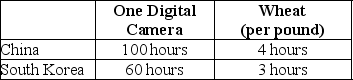 Table 2-8     Table 2-8 shows the number of labor hours required to produce a digital camera and a pound of wheat in China and South Korea. -Refer to Table 2-8.What is China's opportunity cost of producing one digital camera? A) 0.04 pounds of wheat B) 4 pounds of wheat C) 25 pounds of wheat D) 40 pounds of wheat