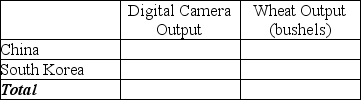Table 2-16   -Refer to Table 2-12.This table shows the number of labor hours required to produce a digital camera and a bushel of wheat in China and South Korea. a.Assume each country has a total of 9,000 labor hours to devote to the production of the two goods and draw the production possibilities frontier for each country.Put  Digital Camera  on the horizontal axis and  Wheat  on the vertical axis.Be sure to identify the intercept values on your graphs. b.Suppose each country allocates 60% of its labor hours to wheat production and 40% to the production of digital cameras.Complete Table 2-13 below to show each country's output of the two products. Table 2-13: Production and Consumption with no Trade     c.If the two countries do not trade and consume whatever they produce, identify the current production and consumption point for each country on their respective production possibilities frontiers.Label China's consumption point  C  and South Korea's consumption point  K.  d.Suppose the two countries specialize and trade.Which country should produce digital cameras and which should produce wheat? Explain your answer. e.Complete Table 2-14 below to show each country's output with specialization. Table 2-14: Output with Specialization     f.Did specialization increase the combined output for the two countries without any increase in resources? If so, by how much? g.Suppose China and South Korea agree to trade so that in exchange for 1,200 bushels of wheat, the exporter of wheat receives 48 digital cameras.Complete Table 2-15 below to show each country's consumption bundle after trade. Table 2-15: Consumption with Trade     h.Show the consumption points after trade on each country's production possibilities frontier.Label these points  B  for China and  J  for South Korea. i.Has trade made the two countries better off? Explain your answer.