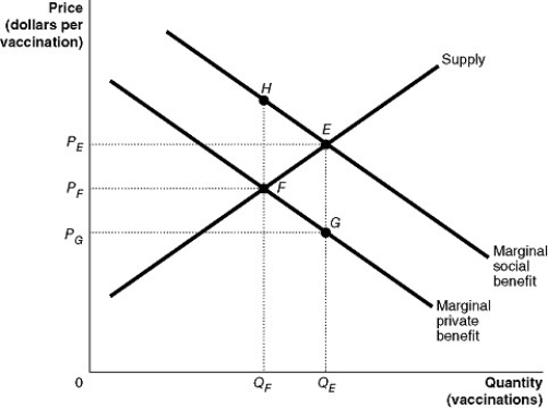 Figure 5-10     Chicken pox vaccinations for toddlers benefit society by protecting young children and by preventing an epidemic of the disease. Thus, the marginal social benefits of chicken pox vaccinations exceed the marginal private benefit for any quantity of vaccinations as illustrated in Figure 5-10. -Refer to Figure 5-10.What is the value of the net gain to society as a result of subsidizing chicken pox vaccinations? A) (PE × QE)  B) (PF × QF)  C) value equal to the area of EFH D) value equal to the area of QFFGQE