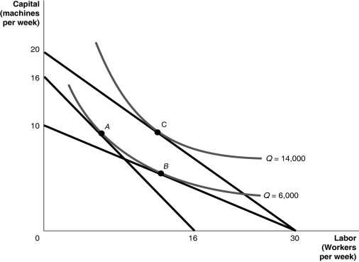 Use the following graph to answer the following questions.     a.If the wage rate and the rental price of machines are both $50 and total cost is $800, is the cost-minimizing point A, B, or C? b.If the wage rate is $40, the rental price of equipment is $120, and total cost is $1,200, is the cost-minimizing point A, B, or C? c.If the wage rate is $60, the rental price of equipment is $90, and total cost is $1,800, is the cost-minimizing point A, B, or C?