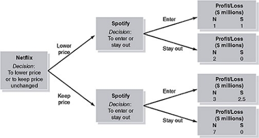 Figure 14-5     Netflix (N) was one of the first companies to offer streaming video services and is still considered a leader in the industry. Spotify (S) offers a music streaming service and in 2015 considered entering the video streaming business. At that point, Netflix had to decide whether or not to lower its subscription price in order to deter Spotify's entry into the market. Figure 14-5 shows a hypothetical decision tree for the Netflix-Spotify entry game. -Refer to Figure 14-5.Does it make sense for Netflix to lower its price in order to deter Spotify's entry into the streaming video market? A) yes, because Netflix stands to make a profit of $7 million by lowering its price and keeping Spotify out of the market B) no, because Netflix will make a higher profit by keeping its subscription price unchanged, whether Spotify enters the market or not C) yes, because it is always profitable to remain a monopoly D) no, because Spotify will enter the market regardless of Netflix's decision about its subscription price