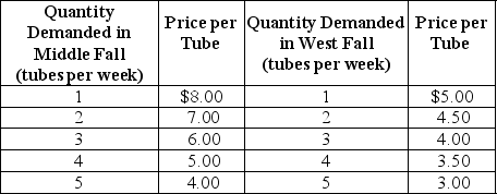 Table 16-2     Neem Products sells its Ayurvedic Neem toothpaste in two completely isolated markets with demand schedules as shown in Table 16-2. The average cost of production is constant at $2 per tube. -Refer to Table 16-2.Which of the following statements is true about the two markets? A) The demand in Middle Fall is more price elastic than the demand in West Fall. B) The demand in Middle Fall is less price elastic than the demand in West Fall. C) The demand in Middle Fall is more income elastic than the demand in West Fall. D) The demand in Middle Fall is less income elastic than the demand in West Fall.