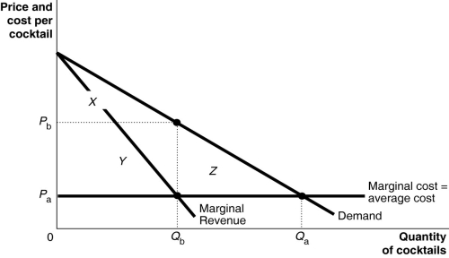 Figure 16-7     The Lizard Lounge is well known for its exotic cocktails. Figure 16-7 shows its estimated demand curve for cocktails. -Refer to Figure 16-7.The owners of the Lizard Lounge are considering the following four pricing options: A.A single price scheme where the cocktail price equals the monopoly price. B.A single price scheme where the cocktail price equals the competitive price. C.A two-part tariff: a monopoly cocktail price and a cover charge that will generate total revenue equal to the area X. D.A two-part tariff: a competitive cocktail price and whatever cover charge that will generate a total revenue equivalent to the area X + Y + Z. Which pricing scheme(s) achieve the economically efficient outcome? A) schemes a and c B) scheme b C) schemes b and d D) scheme d only
