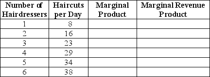 Table 17-6    -Refer to Table 17-6.The Hair Cuttery, a new hair salon, is ready to start hiring.The table above shows the relationship between the number of hairdressers the firm hires and the quantity of haircuts it produces. a.Suppose the price of haircuts is $8.Complete the table by filling in the values for marginal product and marginal revenue product. b.The Hair Cuttery is an input price-taker.Suppose the wage paid to hairdressers is $40 per day.What is the profit-maximizing number of hairdressers? c.Suppose the wage rate rises to $60 per day. (i) What happens to the firm's demand curve for hairdressers? (ii) What happens to the profit-maximizing quantity of hairdressers? d.Suppose the wage rate is $40 per day and the price of haircuts is now $10. (i) What happens to the firm's demand curve for hairdressers? (ii) What happens to the profit-maximizing quantity of hairdressers?